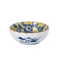 Japanese style ceramic tableware set with underglaze flowers in yellow and colourful patterns round shape