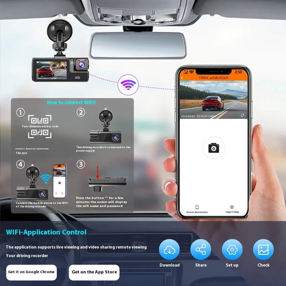 Black WiFi-enabled car dash cam with a 2-inch LCD screen mounted on a windscreen, showing a live video feed.