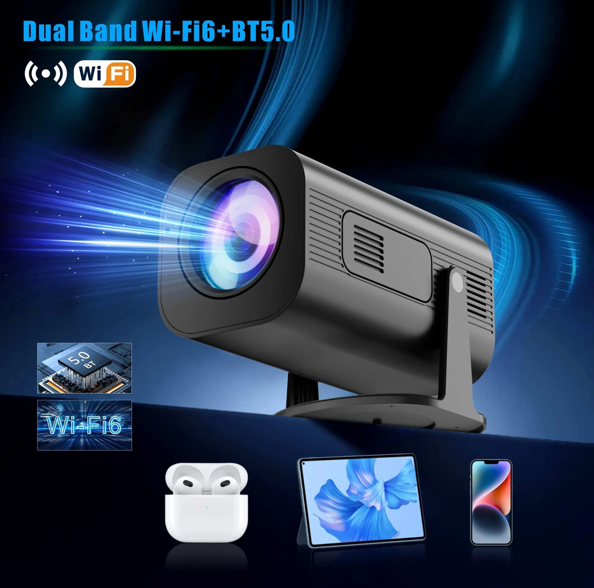 Black or white portable mini projector with remote control showing mobile phone connectivity