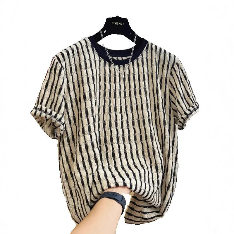 Black striped men's casual loose short sleeve shirt made from silk and linen blend fabric