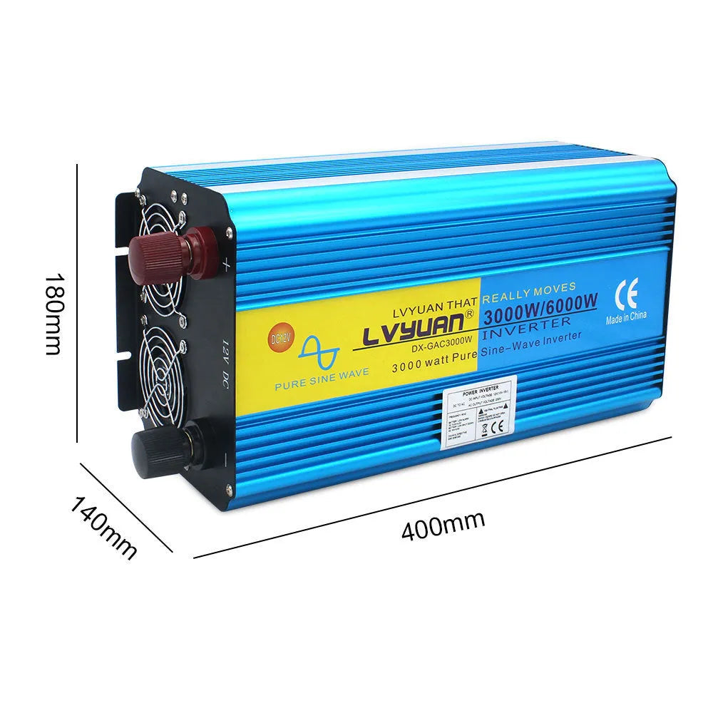 Blue 3000W pure sine wave car power inverter with digital display and remote control for UK sockets