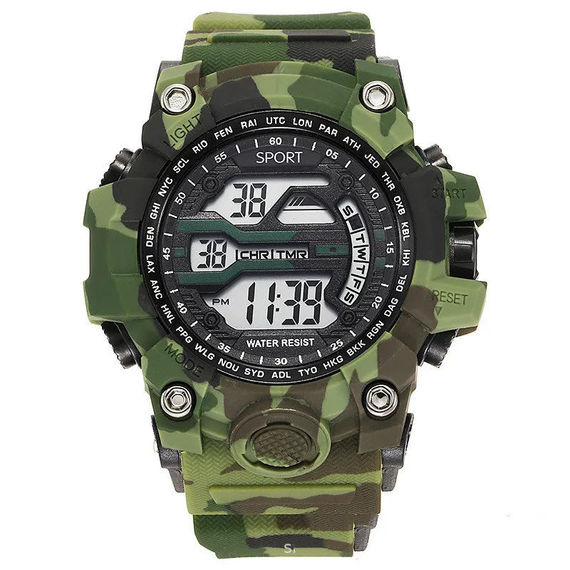 Men's sports watch with large dial, number display, and waterproof rating of 10m