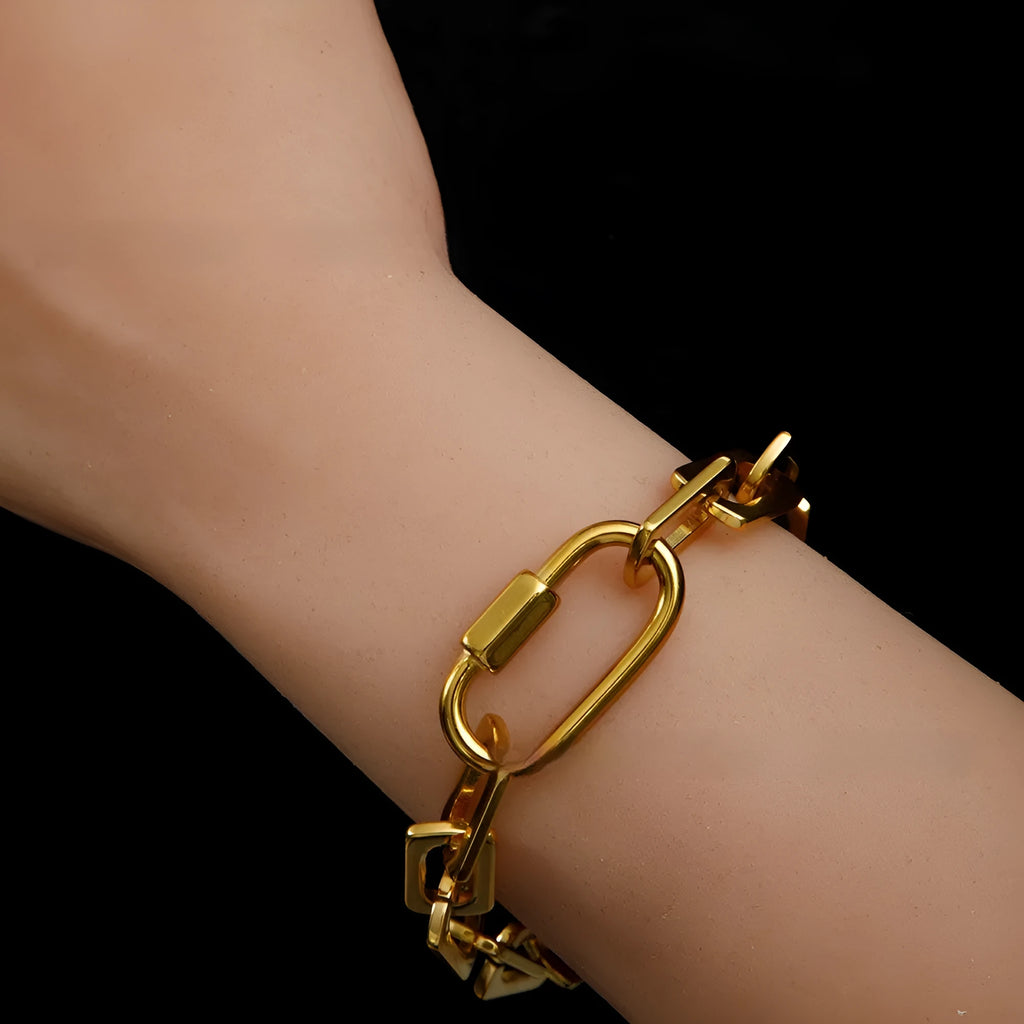 Women's titanium steel carabiner bracelet with ellipse design in gold or silver electroplated finish