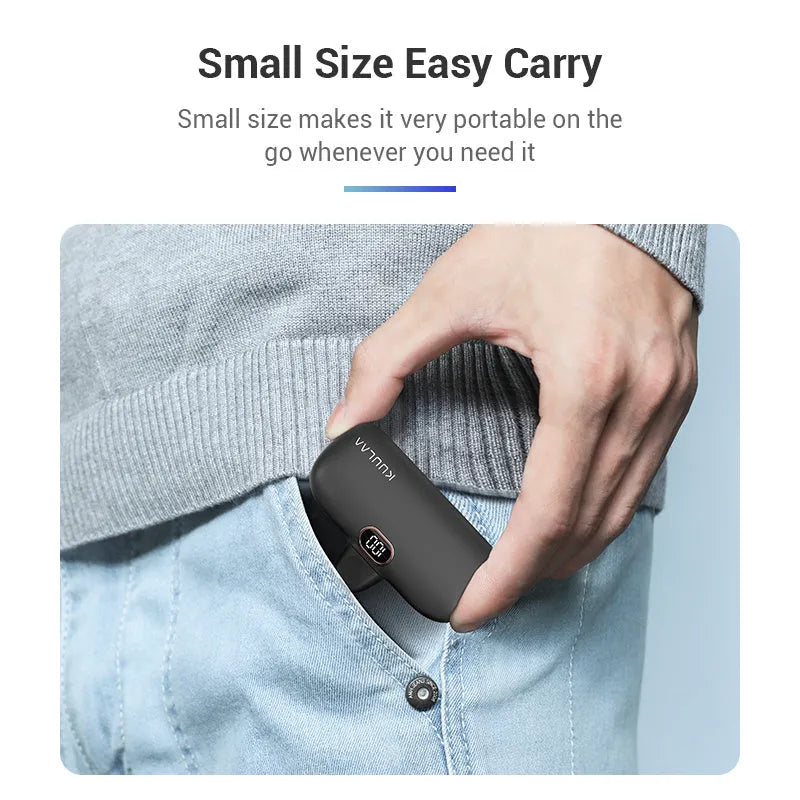 Compact cylindrical alloy power bank with built-in Lightning charging cable showing LCD display.