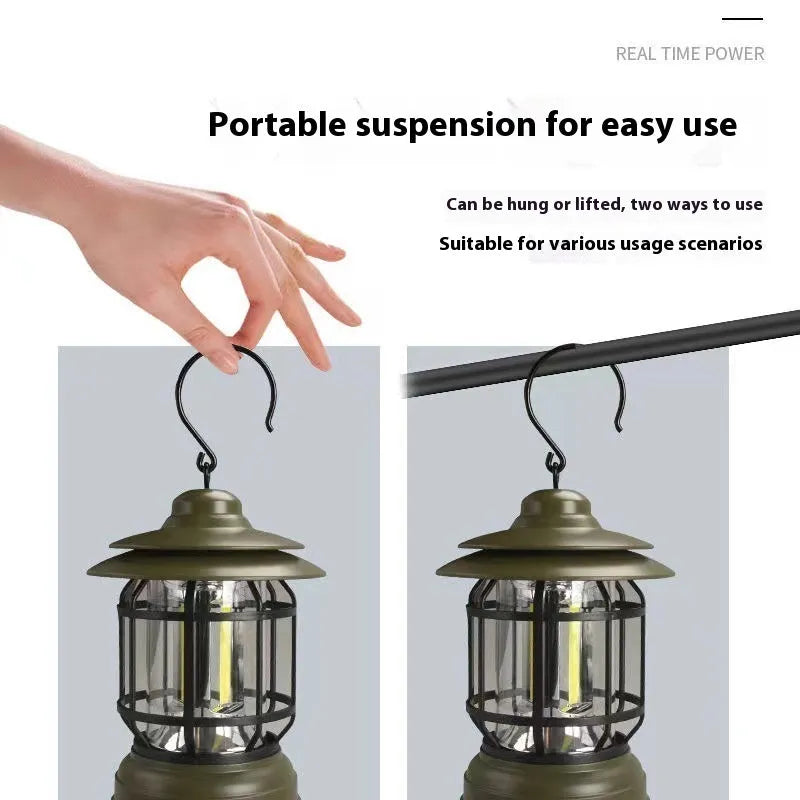 Portable camping lantern in black, red or dark green with dimensions 16.6cm x 6.7cm x 9.6cm