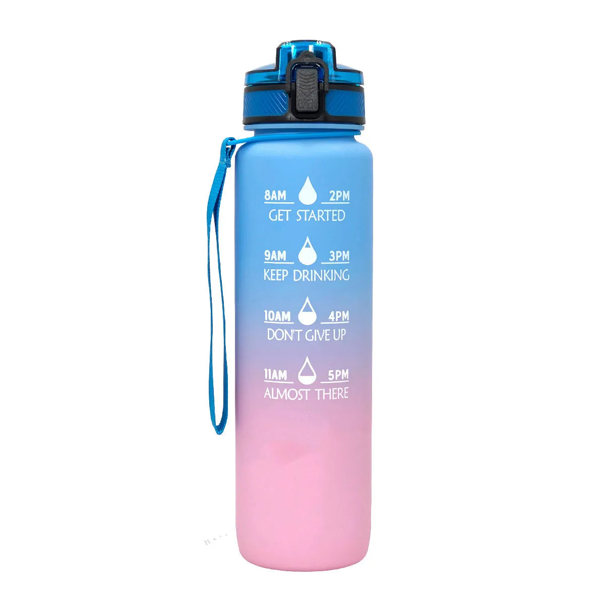 1000ml food-grade plastic sports water bottle, 29.5cm tall, in gradient blue-green colour.