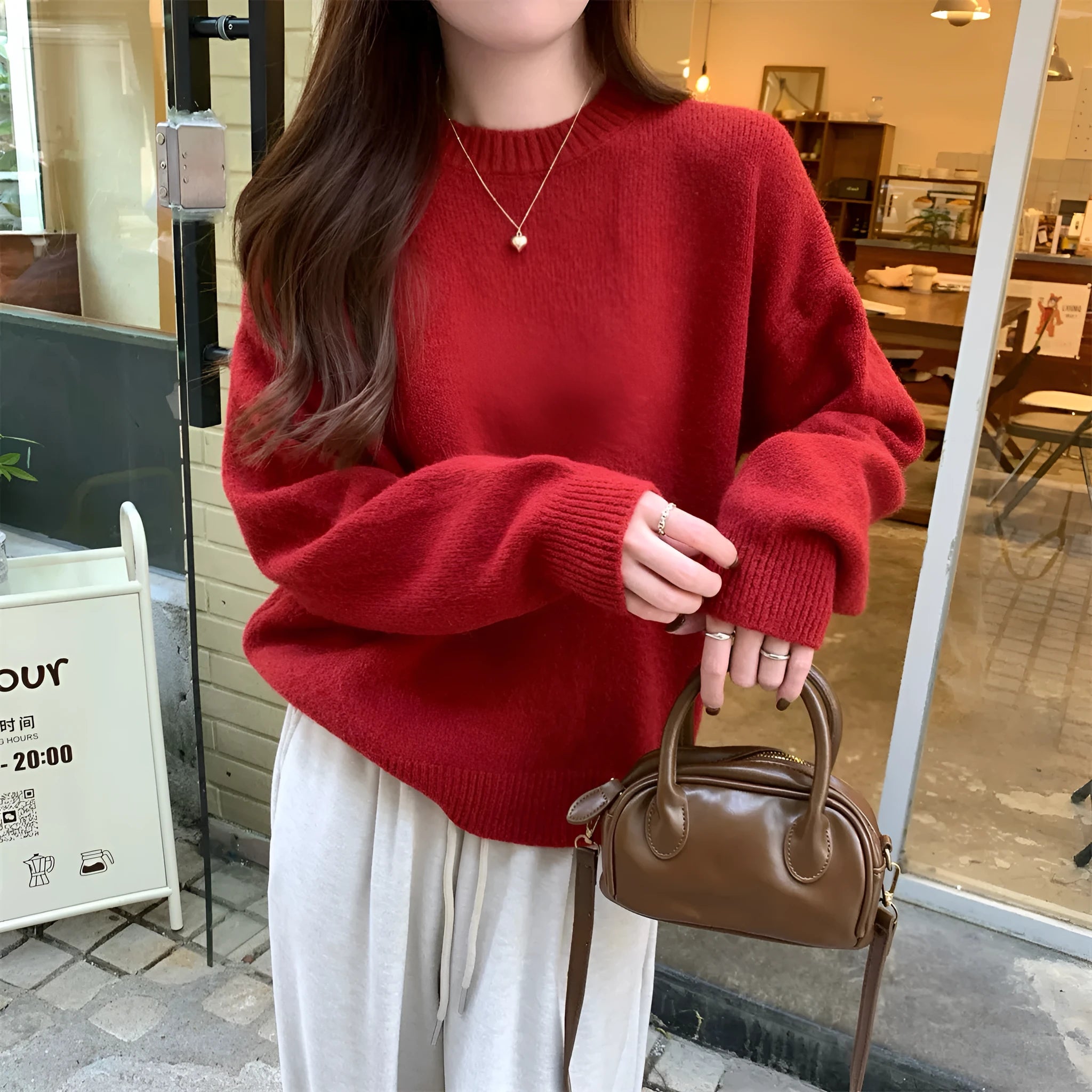 Korean style soft glutinous loose drop-shoulder sleeve sweater in candy colour, solid pattern with wavy elements, acrylic fibre