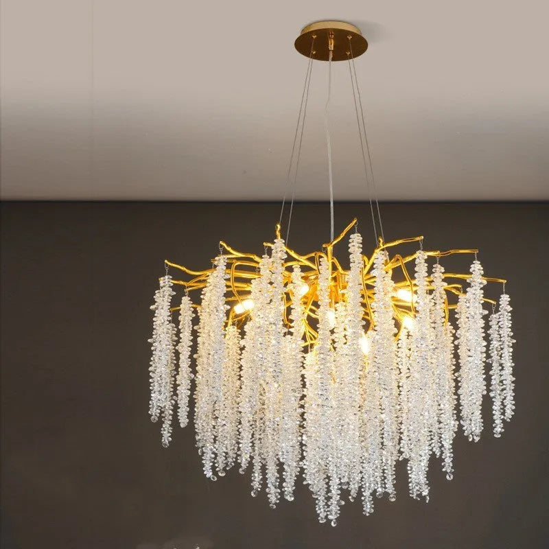 Modern crystal chandelier with adjustable height and aluminium alloy body in light luxury style.