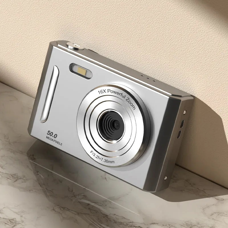 CCD student camera with dual front and rear cameras, HD screen, available in pink and black colours