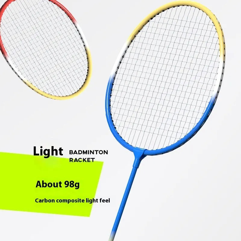 Blue and red split shaft badminton rackets separated and assembled on a neutral background