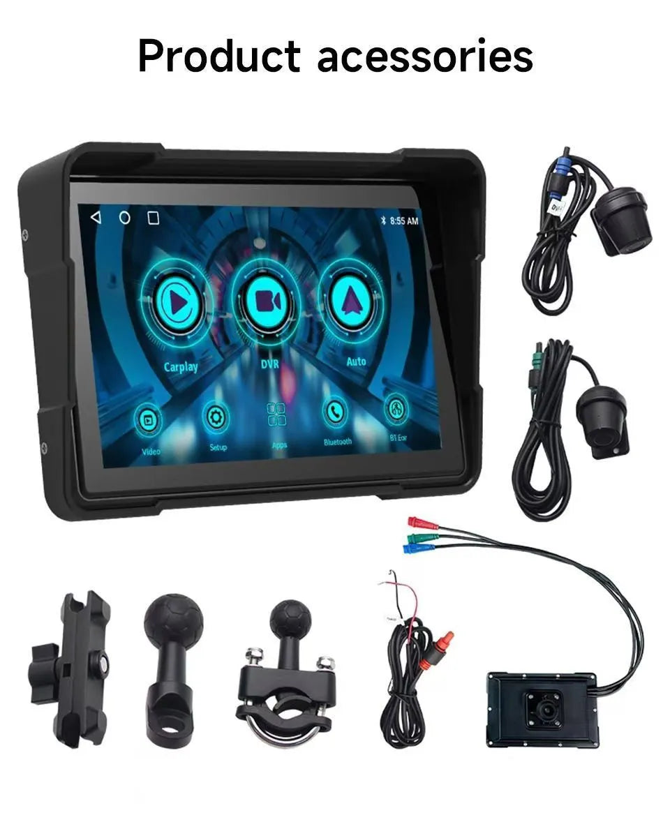 Portable motorcycle driving recorder with 5 inch separate navigation screen and dual lens option.