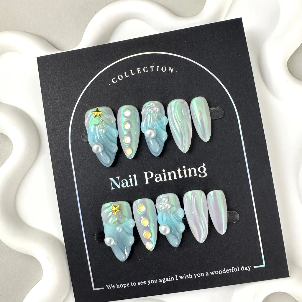 HAILANG blue shell design plastic false nail tips set in XS, S, M, L sizes