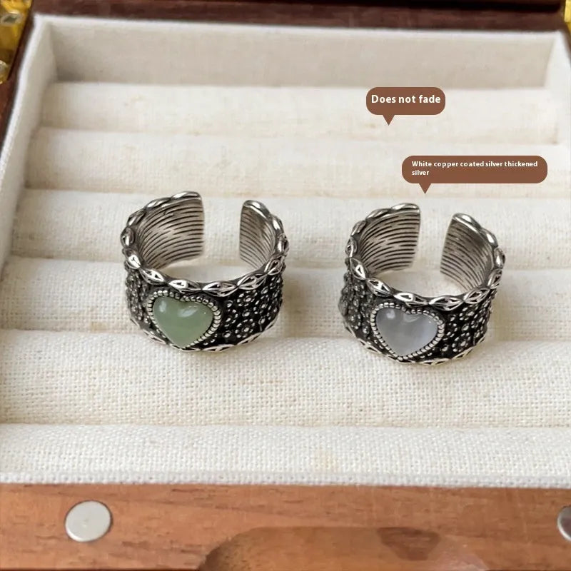 Retro adjustable heart ring with white moonlight design and thickened silver construction