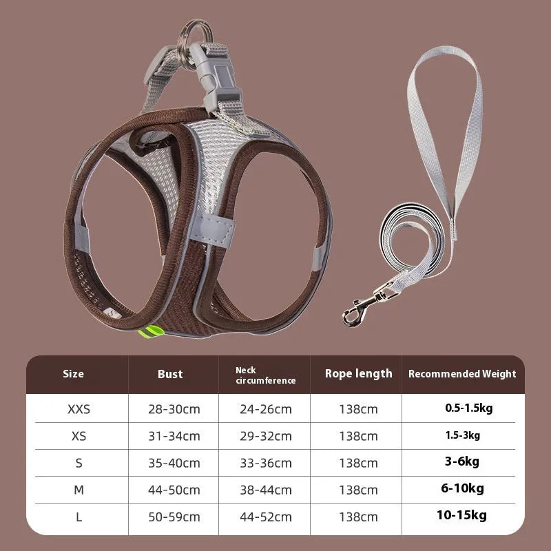 Reflective vest-style dog harness in breathable polyester with adjustable straps and rope leash