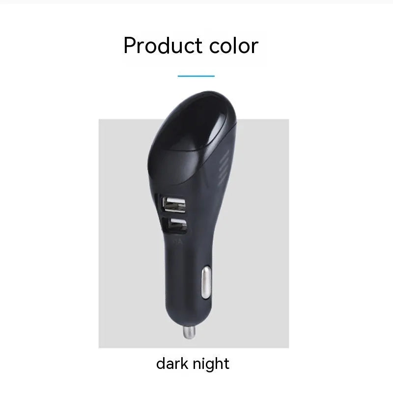 White car USB charger with negative ion purifier showing compact dimensions