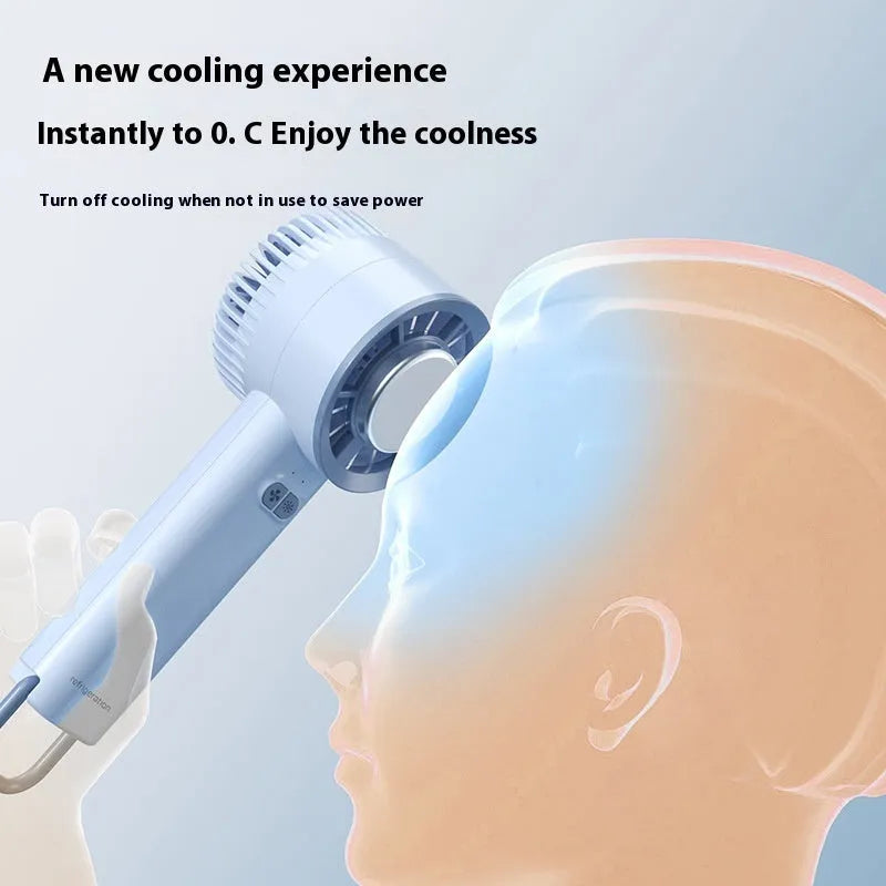White handheld turbo jet fan with brushless motor, ice-cooling function, and 3 speed gears on a light background