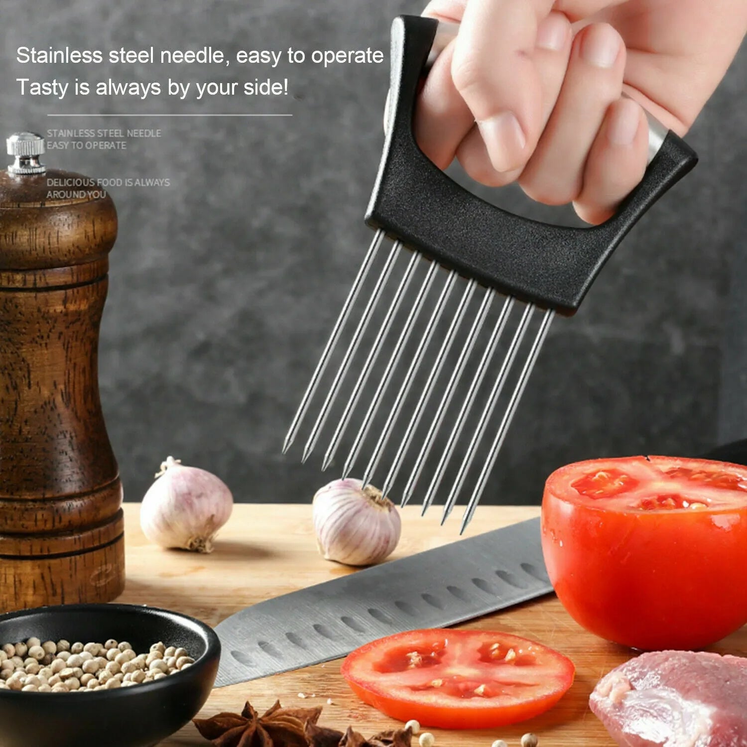 Stainless steel food slice assistant with ABS handle for kitchen slicing tasks