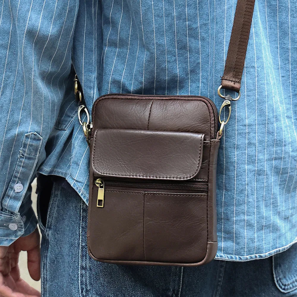 Men's brown genuine leather crossbody shoulder bag with decorative sewing lines