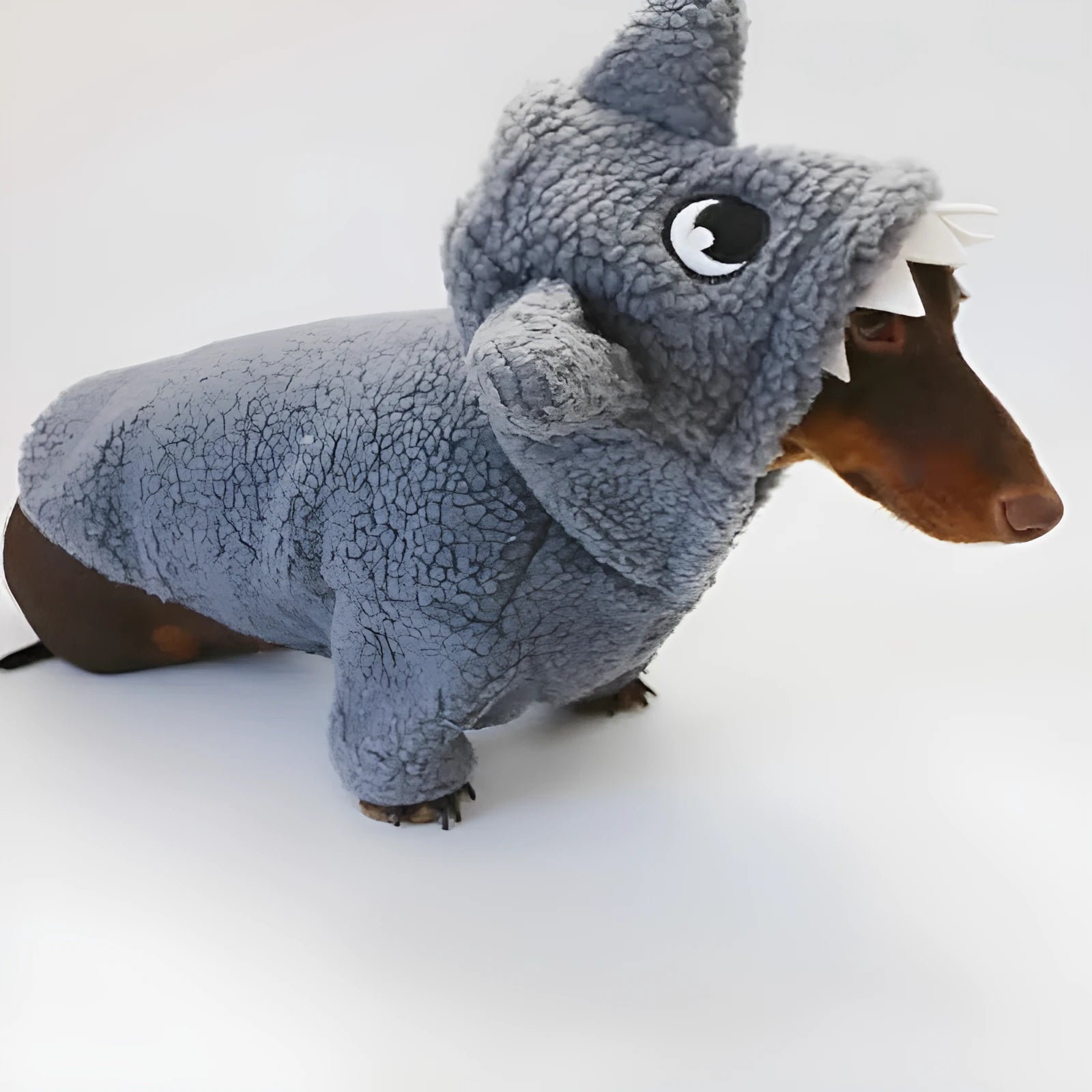 Grey shark fleece-lined hooded pet sweater for small dogs and cats on a plain background