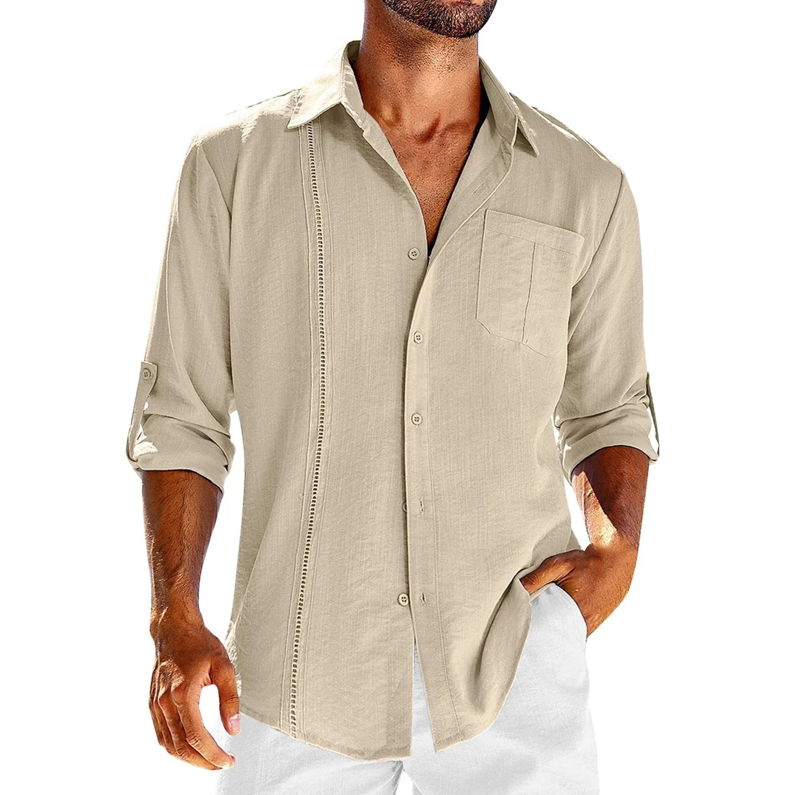 Men's grey long sleeve button-up shirt with lace detail on collar and a chest pocket.