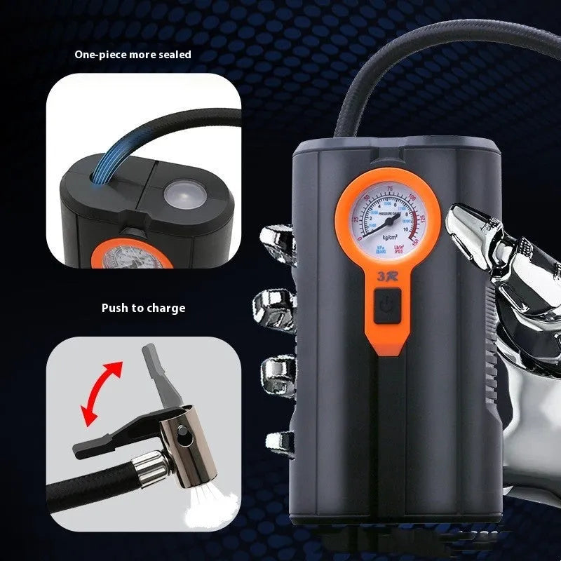 Portable car tyre inflator with digital display, integrated air pump, air nozzle, and power cord