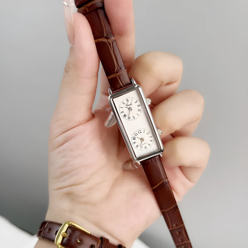 Women's double time zone quartz watch with retro rectangular case, double inserts, and 8.6mm thickness in silver or gold