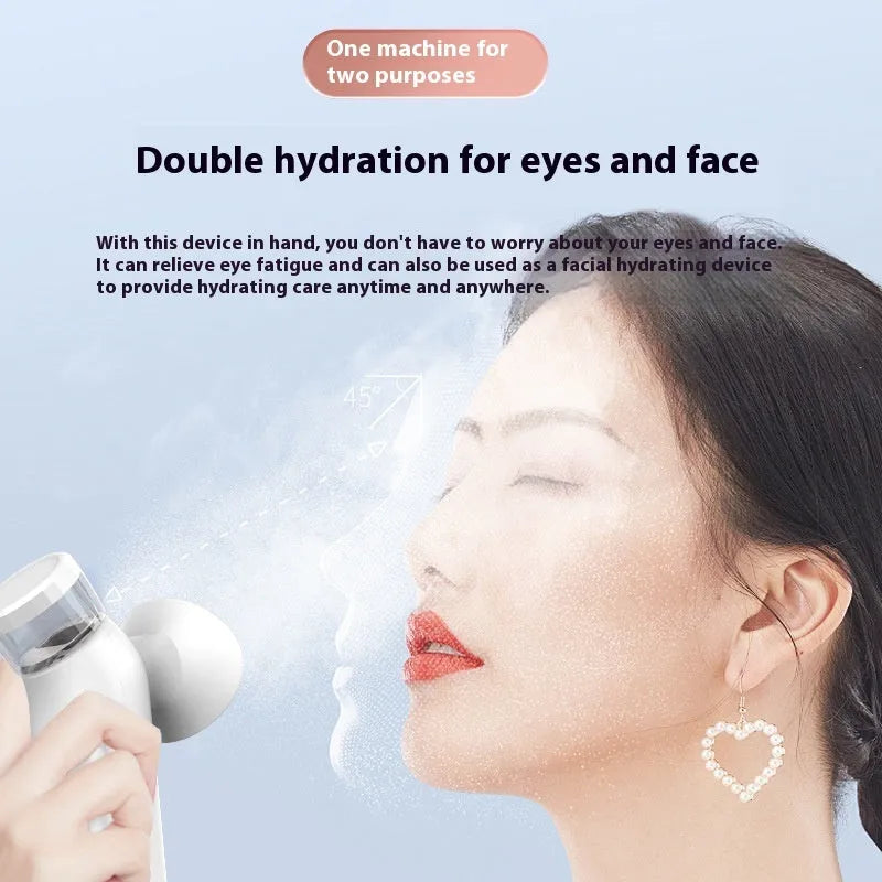 White portable rechargeable eye compress and atomisation device with included eye mask on a table.