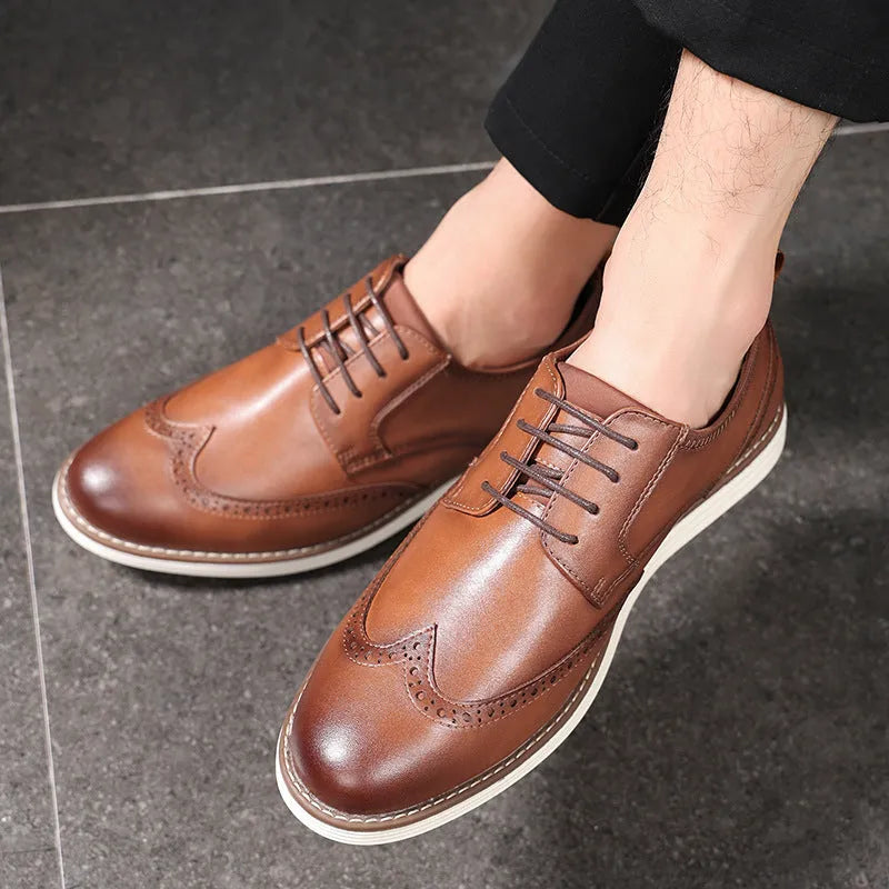 Men's slip-on business formal casual shoes in black and brown with PU upper and carved detailing, low top design, sizes 39-46