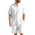 Men's linen blend summer suit with Henry collar shirt and matching shorts in multiple colour options