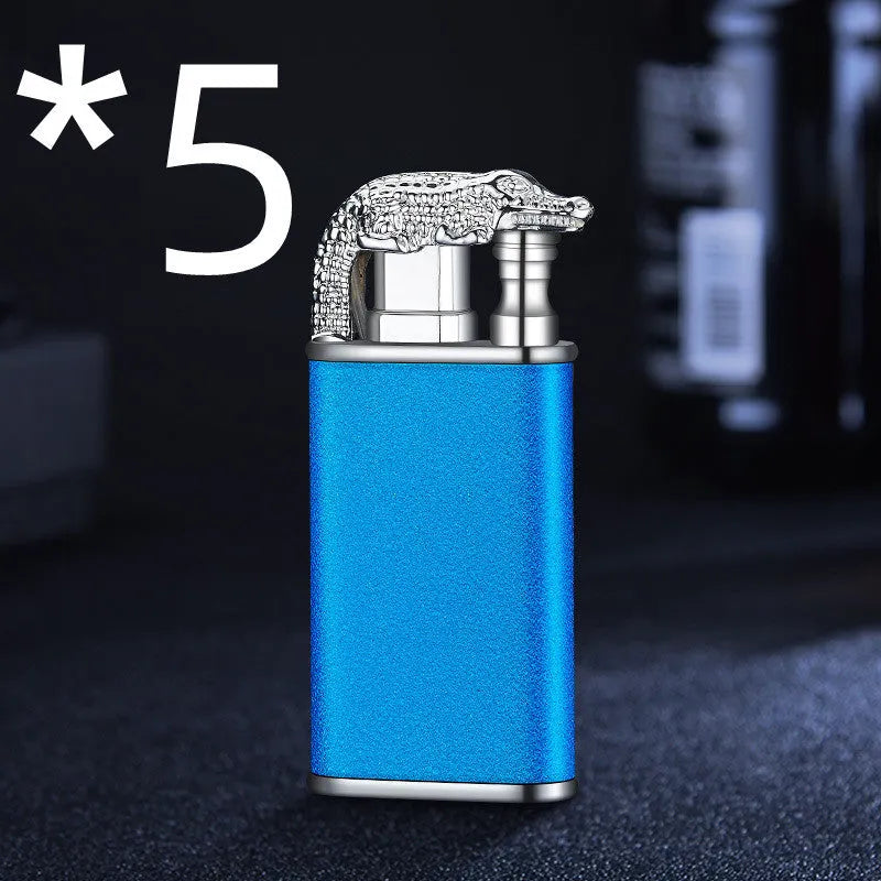Creative blue flame lighter with windproof double fire and novelty dragon design, metal body