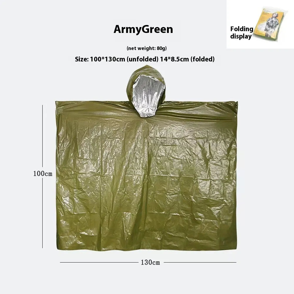 Orange and army green waterproof raincoat poncho laid flat, showing its 100x130cm size for outdoor use.