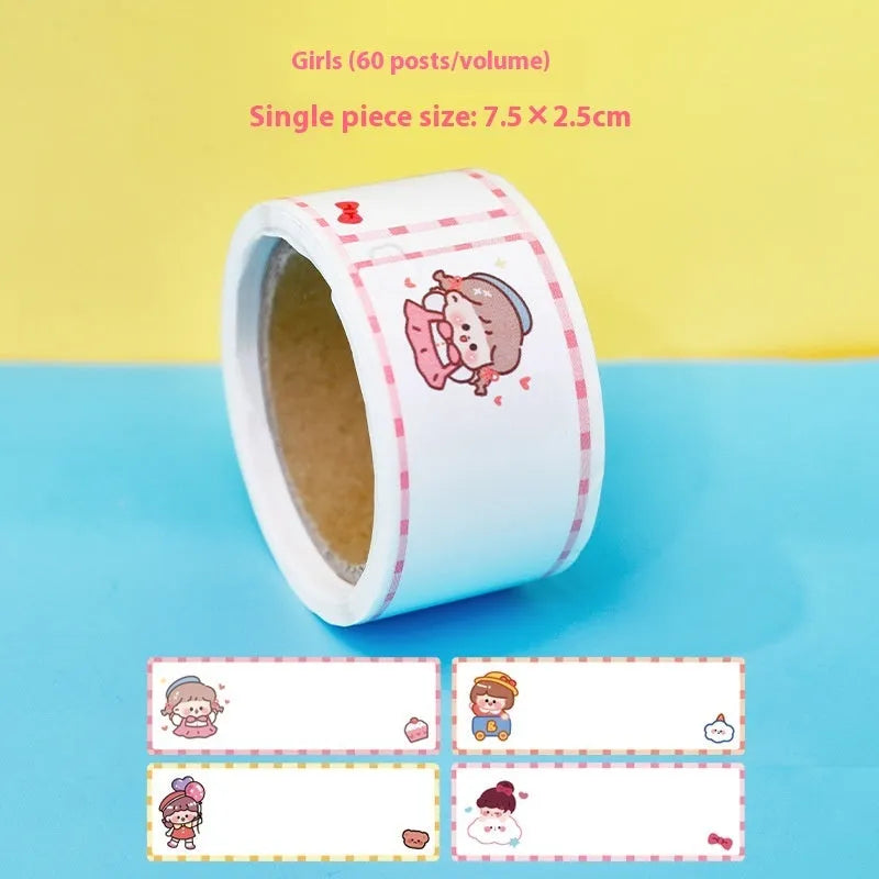 Cartoon tape name stickers in dinosaur, astronaut, rabbit and girl designs with 60 stickers per roll