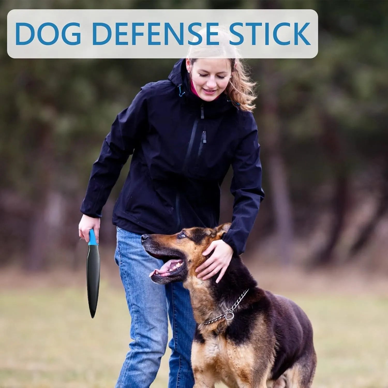 A blue-handled nylon dog break stick measuring 35 cm for training and play.