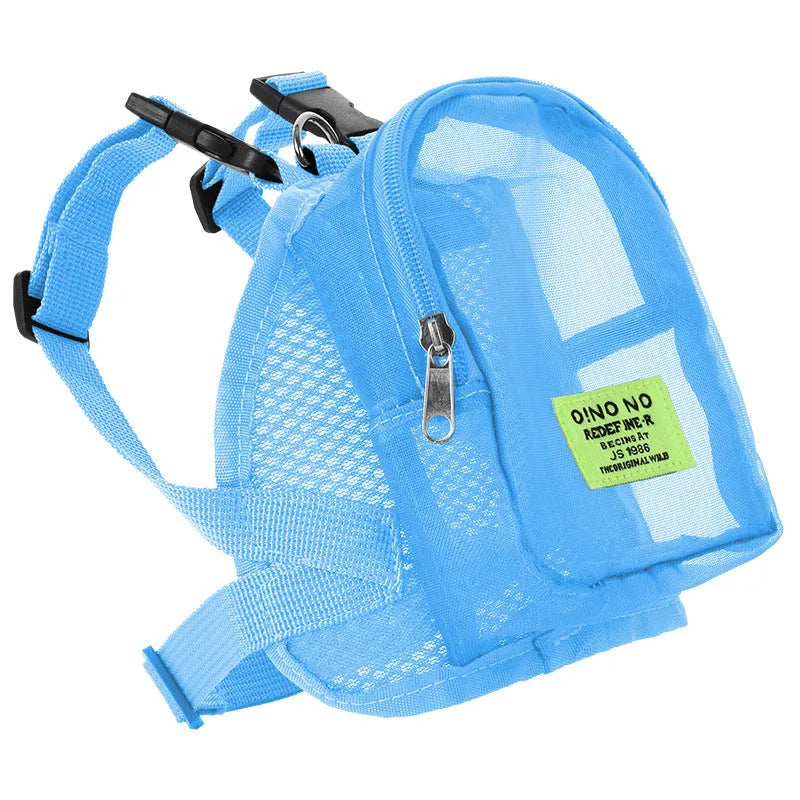 Solid colour polyester dog backpack for portable storage of pet essentials.