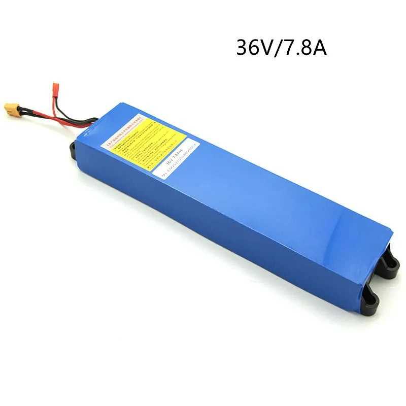 A 36V lithium battery pack for an electric scooter, showing capacity options of 6.6Ah, 7.8Ah, and 10.4Ah.