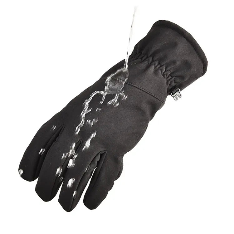 Pair of tactical camouflage ski gloves showing anti-slip palm grip and touchscreen fingertips.