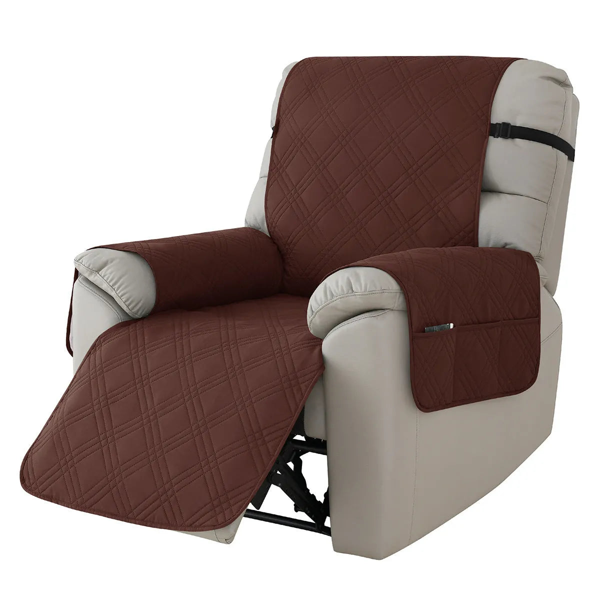 Quilted burgundy waterproof sofa cover fitted on a Chivas single-seat massage chair.