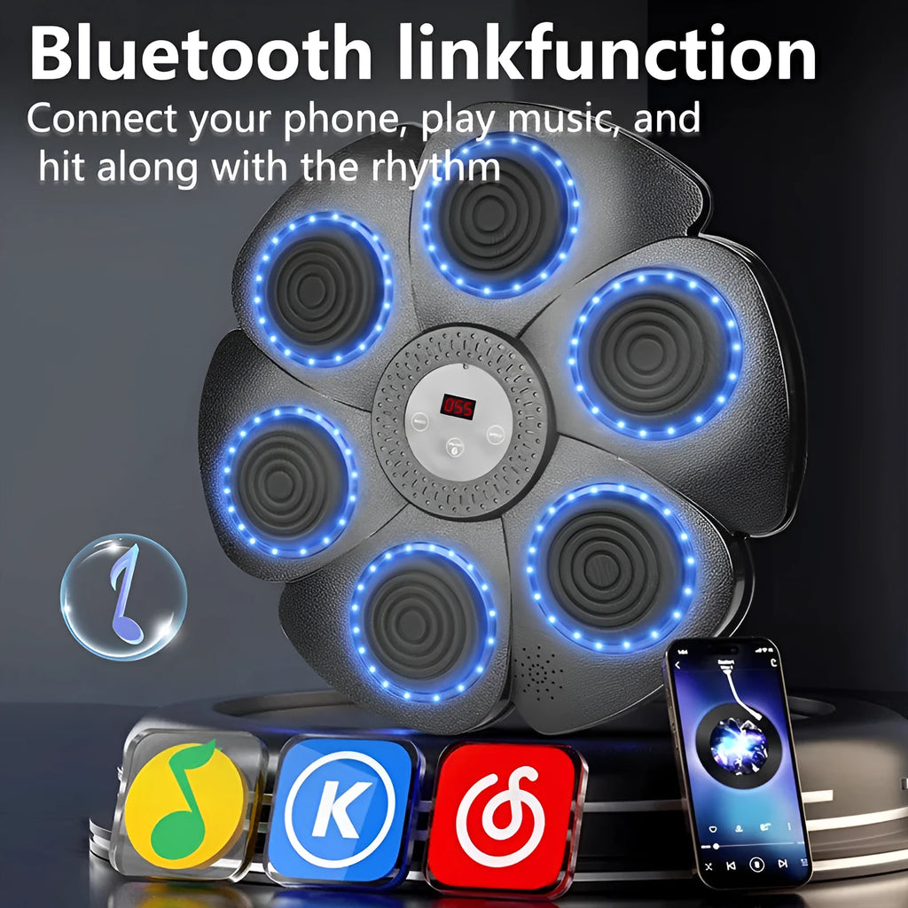 Black plastic smart boxing wall target with LED lights, half-finger glove, and charging cable on a white background.