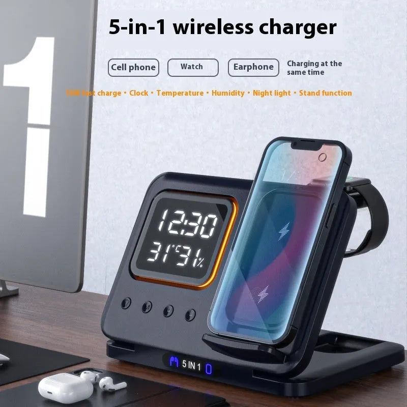 Black wireless charging station with digital display showing time and temperature, charging phone and watch