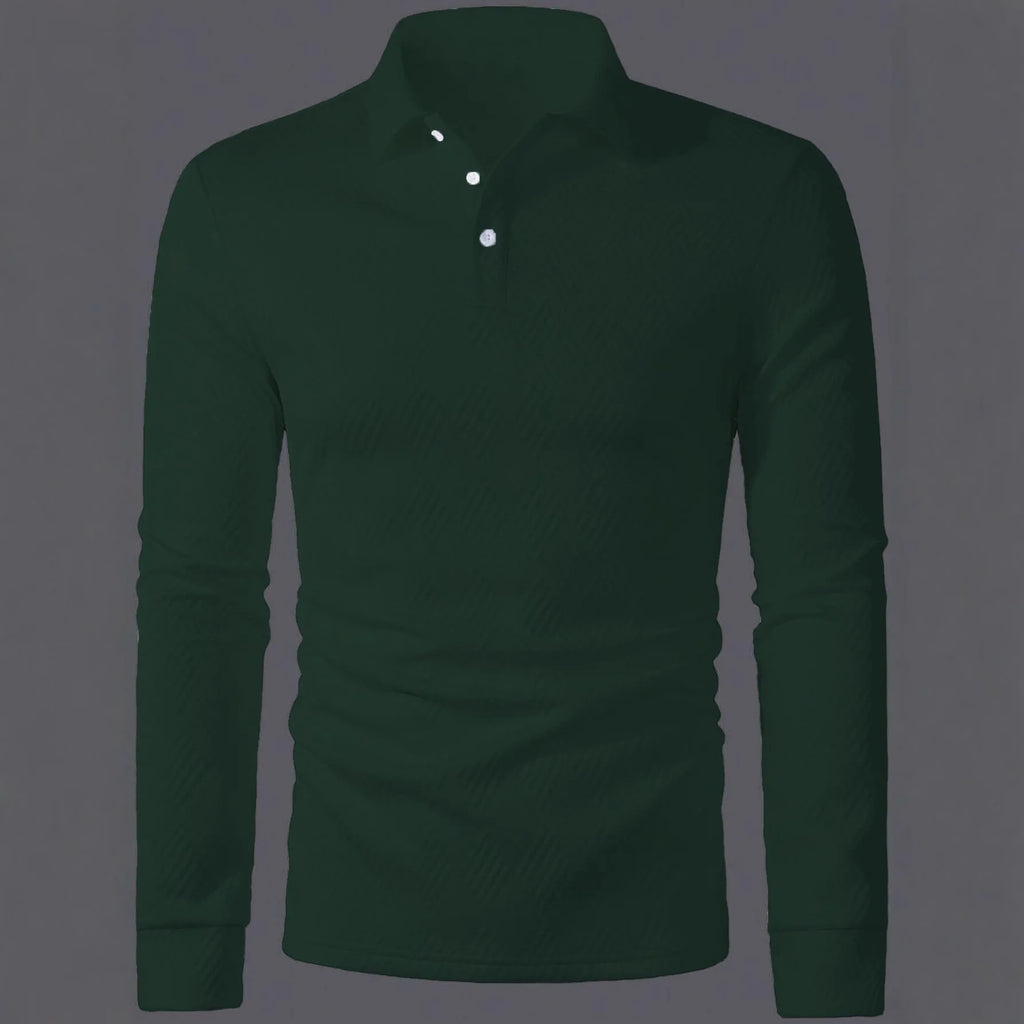 Men's long sleeve polo shirt, loose fit, solid colour, lapel collar, polyester, casual daily top
