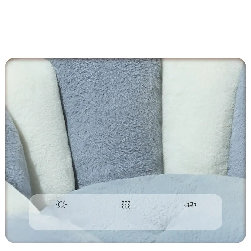 Grey-white shell nest pet bed with rabbit fur lining shown in three sizes for cats and dogs