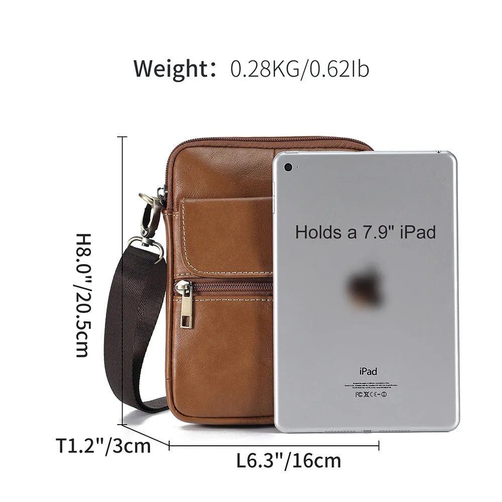 Men's brown genuine leather crossbody shoulder bag with decorative sewing lines
