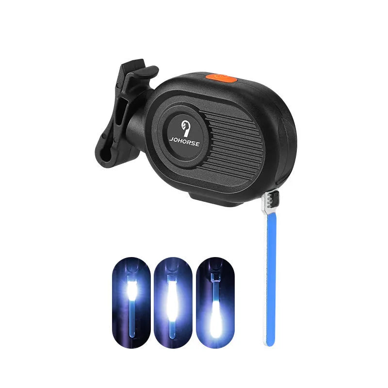 Bicycle rear safety light with cascading waterfall LED effect in blue, mounted on a bike seat post.