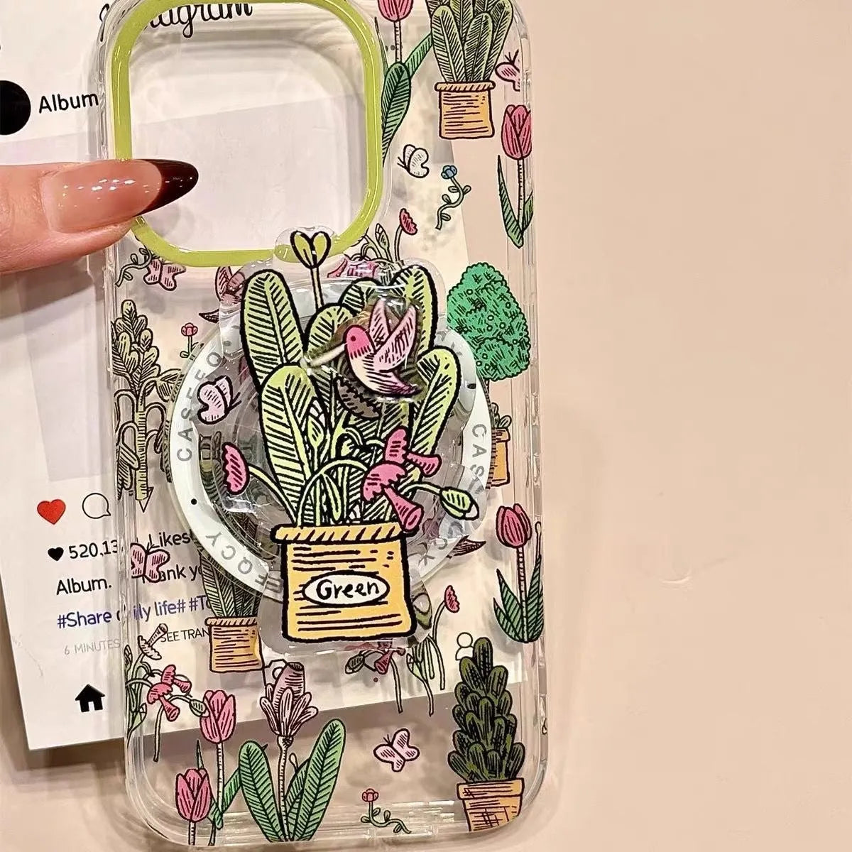 Retro oil painting jungle bird phone case with magnetic suction bracket for iPhone, frosted acrylic finish