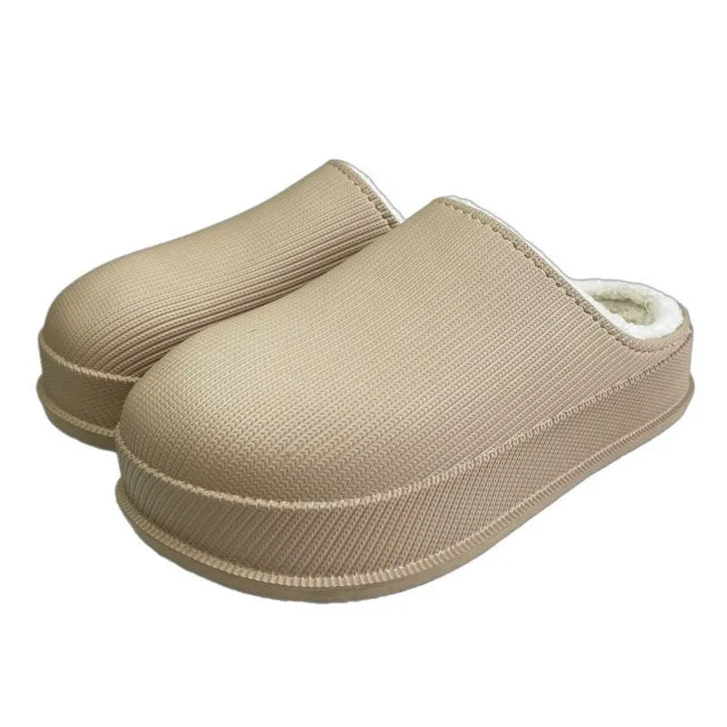 EVA autumn winter warm waterproof thick cotton slippers with shock absorbing toe cap in solid colour, side view