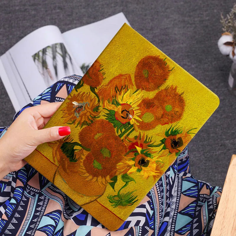 Handmade liquid silicone iPad flip case showing apricot flower artistic design on cover.