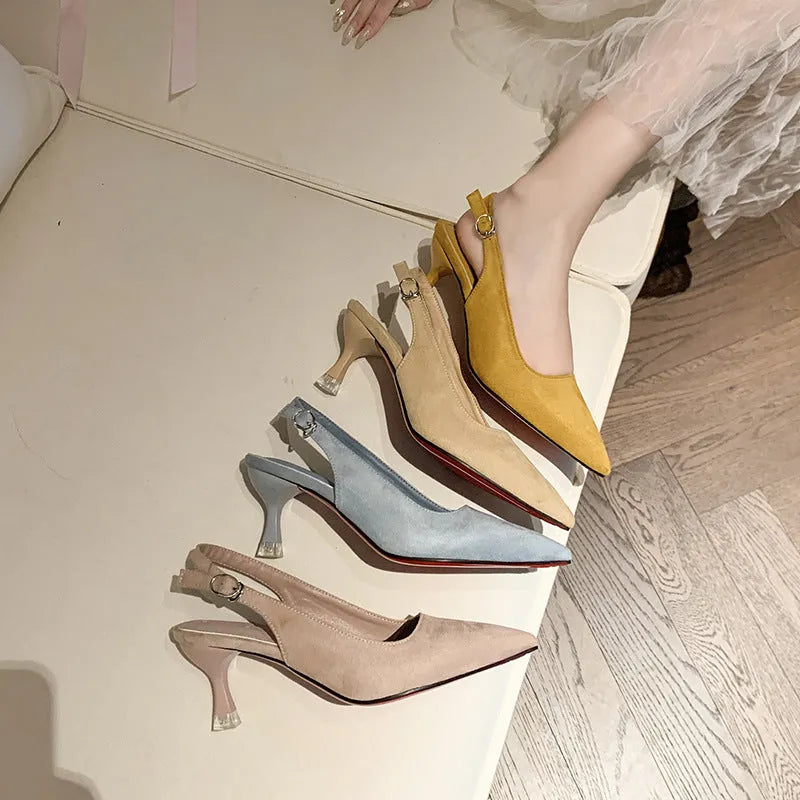 Women's suede pointed-toe stiletto high heels in apricot, pink, sky blue, and yellow colours on a rubber sole.