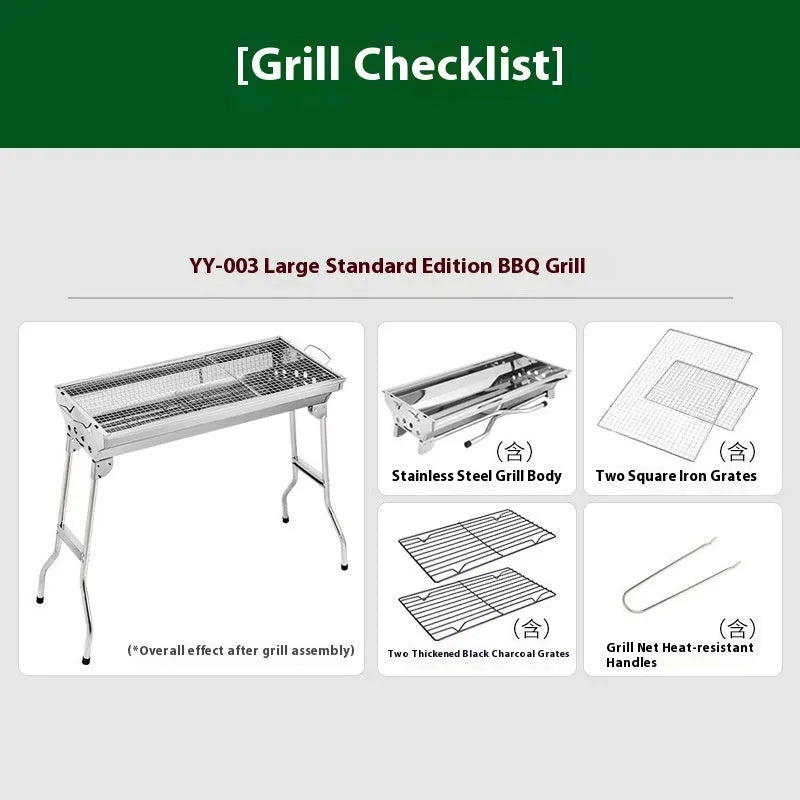 Large stainless steel portable charcoal barbecue oven with iron grill and cooking accessories.