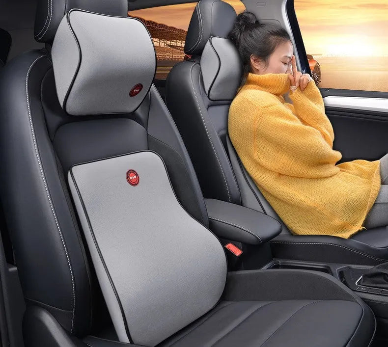Car headrest neck protector and waist support set in black, coffee, grey or red, bamboo charcoal memory cotton, 0.9kg