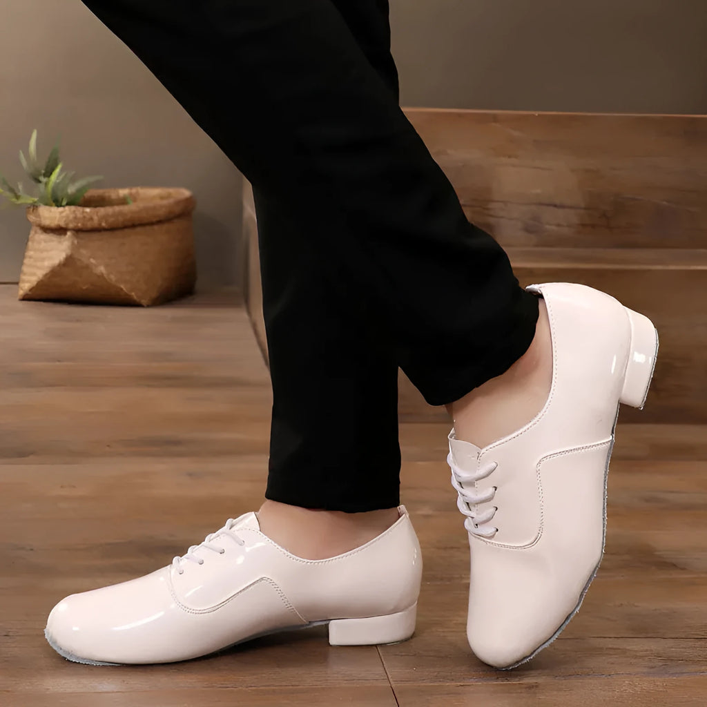Men's black indoor dancing shoes with a calf leather sole and synthetic leather upper